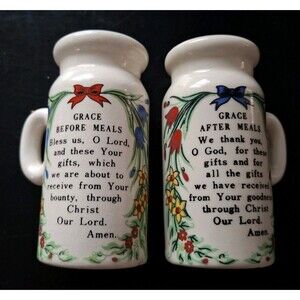 Vtg Grace Before And After Meals Ceramic Salt And Pepper Shakers Handles Floral